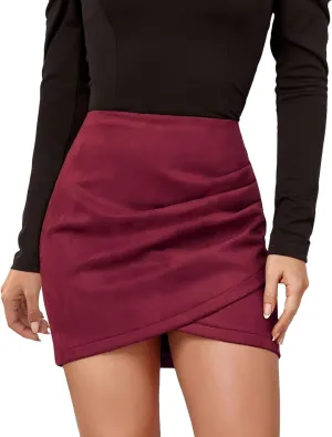 XOWRTE Mini Skirt Women's Sexy Faux Suede Short Skirt High Waist Tight Pencil Skirt Plain Leather Skirt Irregular A-line
