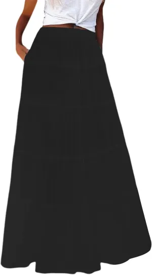 XOWRTE Womens Summer Boho Maxi Skirts Smocked High Wasited Flowy Tiered Ruffle A Line Long Beach Skirt Skirt