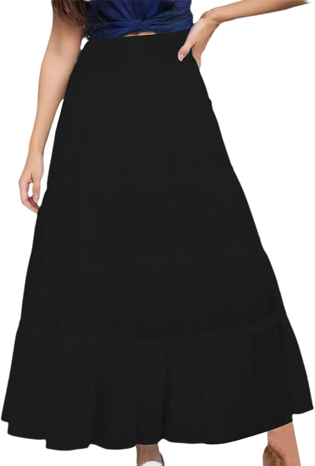XOWRTE Womens Summer Boho Maxi Skirts Smocked High Wasited Flowy Tiered Ruffle A Line Long Beach Skirt Skirt
