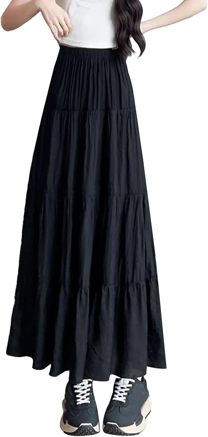 XOWRTE Womens Summer Boho Maxi Skirts Smocked High Wasited Flowy Tiered Ruffle A Line Long Beach Skirt Skirt