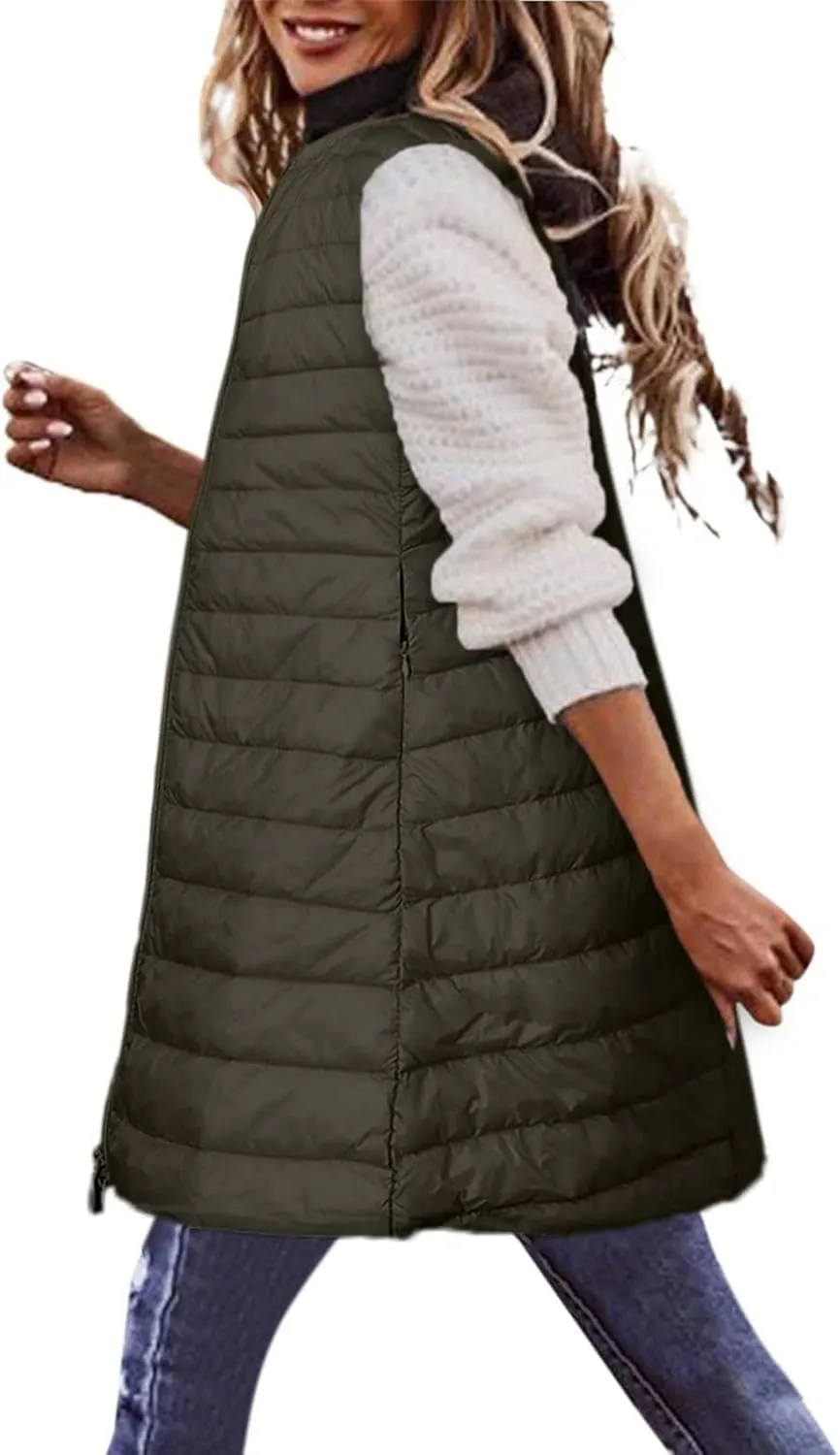 XUNRYAN Puffer Jackets Womens Packable Vests Winter Warm Down Coat Long Jackets Sleeveless Gilet Outdoor Parka Outerwear