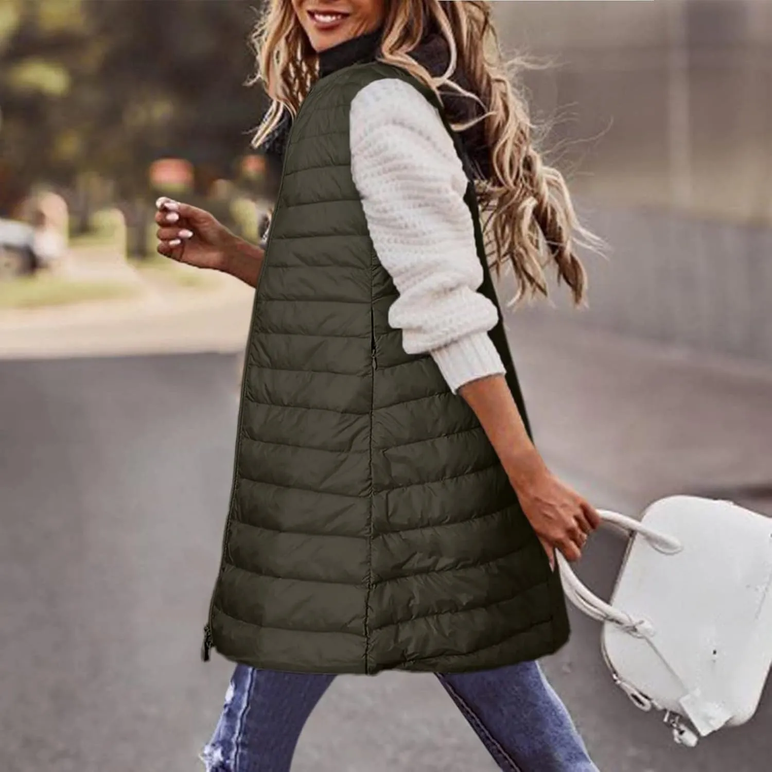 XUNRYAN Puffer Jackets Womens Packable Vests Winter Warm Down Coat Long Jackets Sleeveless Gilet Outdoor Parka Outerwear