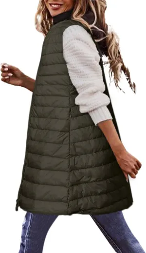 XUNRYAN Puffer Jackets Womens Packable Vests Winter Warm Down Coat Long Jackets Sleeveless Gilet Outdoor Parka Outerwear