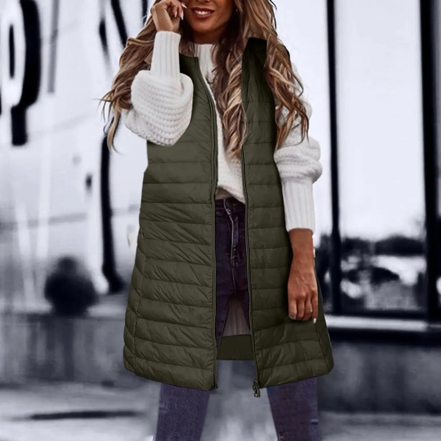 XUNRYAN Puffer Jackets Womens Packable Vests Winter Warm Down Coat Long Jackets Sleeveless Gilet Outdoor Parka Outerwear