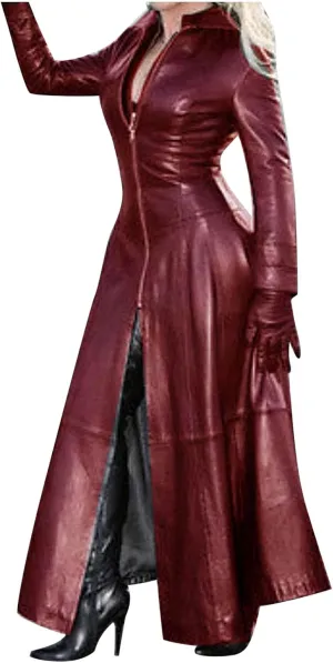 XUNRYAN Womens Faux Leather Maxi Long Jacket Vintage Victorian Steampunk Jackets Zipper Gothic Plus Size Long Trench Coat